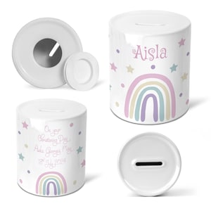 Personalised Christening Money Box - Ceramic Piggy Bank for Newborn, Baby, Toddler or Child - Cute Rainbow Star Theme