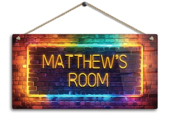 May include: A neon sign with a brick background. The sign says "MATTHEW'S ROOM" in yellow neon letters.