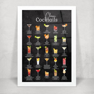 Classic Cocktail Metal Home Bar Sign Print on Black Chalkboard. 25 Popular Cocktails on Gloss Metal Wall Art. Framed and Floating Mounts image 8