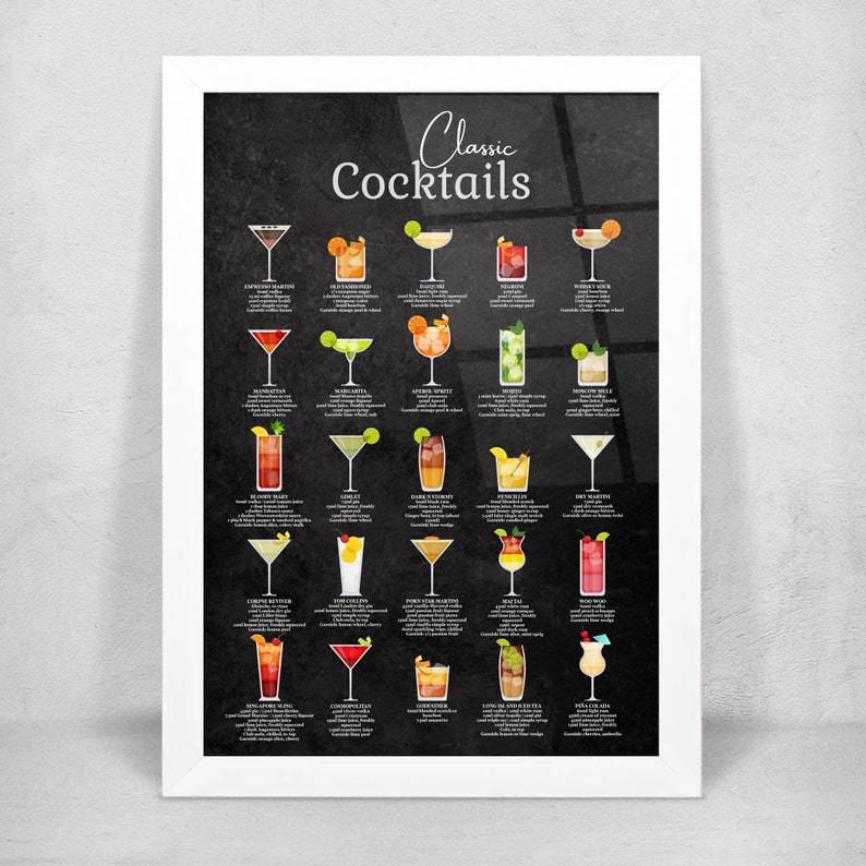 Classic Cocktail Metal Home Bar Sign Print on Black Chalkboard. 25 Popular Cocktails on Gloss Metal Wall Art. Framed and Floating Mounts image 8