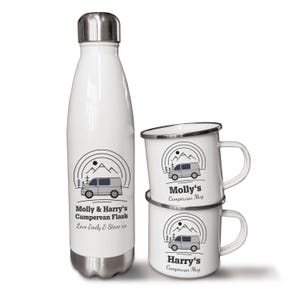 Personalised 500ml Thermal Flask & Enamel Mugs. Motorhome, Campervan, Hiking, Walking, Camping and Caravan Mug and Flask Set. Outdoor Gifts