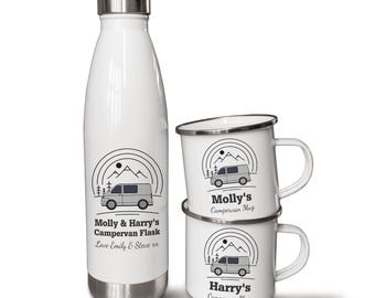 Personalisierte 500ml Thermoskanne & Emaillebecher. Wohnmobil, Campervan, Wandern, Spazierengehen, Camping und Wohnwagen Becher und Flachmann Set. Geschenke im Freien