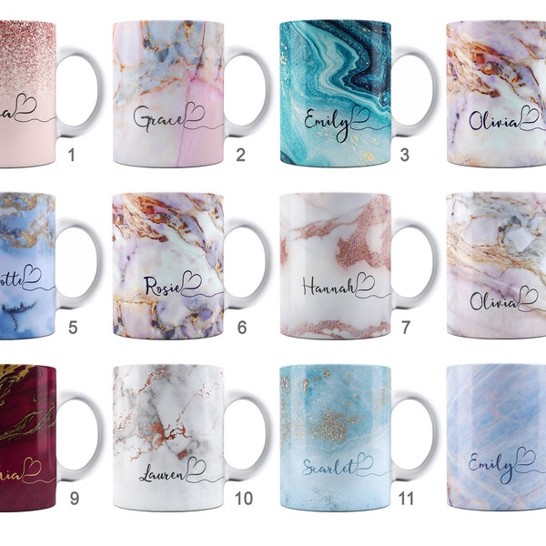 Mug personnalisé en céramique avec prénom en marbre pailleté et coeur