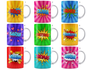 May include: Nine white ceramic mugs with colorful comic book style designs and names. The mugs feature names like Grace, Olivia, James, Sarah, Matthew, Charlotte, William, Thomas, and Sarah.