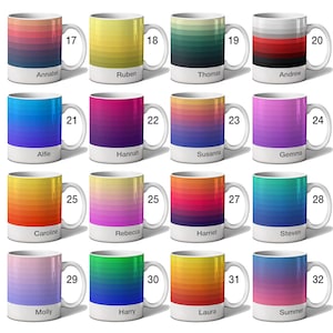 May include: A selection of ceramic mugs with gradient colour designs. Each mug has a white base and handle, with a name printed on the base. The mugs display a range of colours, including blue, pink, yellow, and green. The mugs are numbered from 17 to 32.