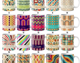 May include: A collection of 20 white ceramic mugs with various retro-style designs. Each mug features a different pattern in vibrant colors, with names like "Charlie," "Harry," and "Amelia" displayed on the front. The mugs are ideal for coffee or tea.