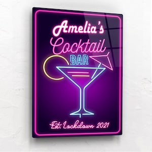 Personalised Cocktail Bar Sign. Neon Retro Vintage Print on Gloss Metal Wall Art. Garden Bar Gift