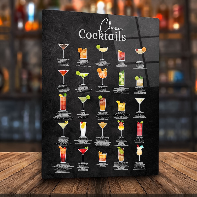 Classic Cocktail Metal Home Bar Sign Print on Black Chalkboard. 25 Popular Cocktails on Gloss Metal Wall Art. Framed and Floating Mounts image 6