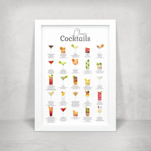 Classic Cocktail Metal Home Bar Sign Print on White. 25 Popular Cocktails Printed onto Gloss Metal Wall Art.  Framed and Floating Mounts