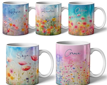May include: Set of five white ceramic mugs with watercolor floral designs and personalized names: Rosie, Amelia, Olivia, Skye, and Grace.