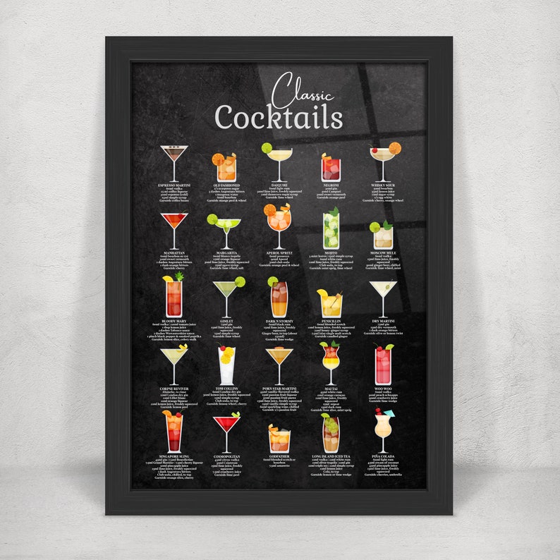 Classic Cocktail Metal Home Bar Sign Print on Black Chalkboard. 25 Popular Cocktails on Gloss Metal Wall Art. Framed and Floating Mounts image 2