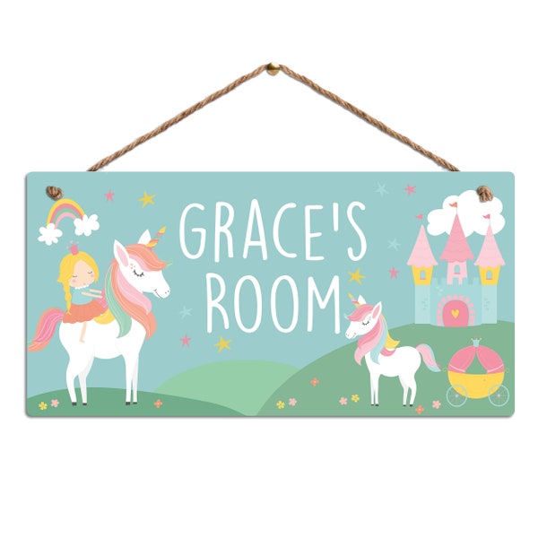 Personalised Room Sign with Childs Name - Unicorn Princess Theme. Gloss Metal Wall Art. Baby, Toddler, Infant Bedroom.