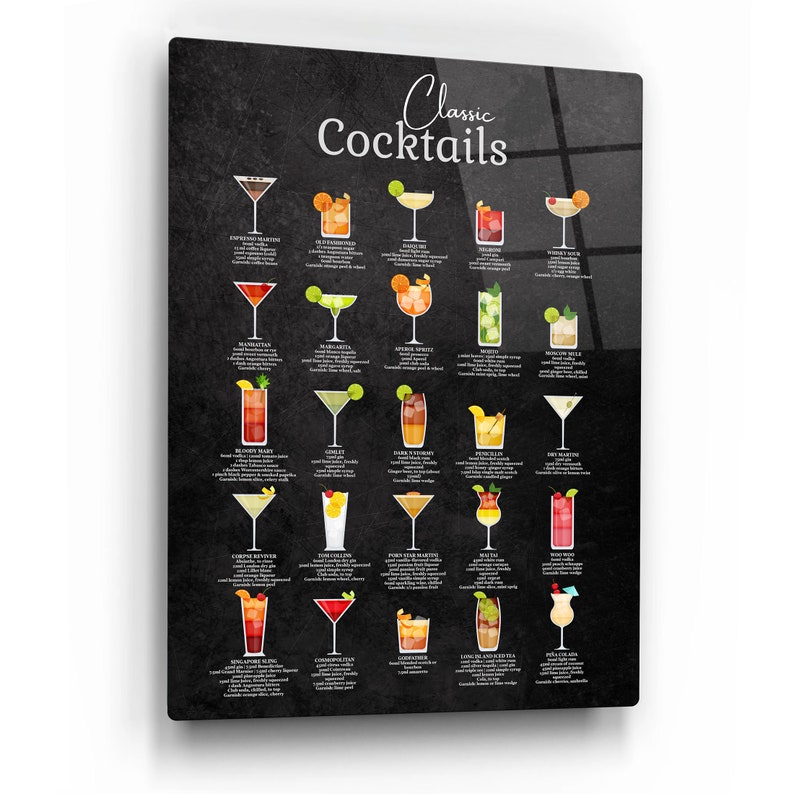Classic Cocktail Metal Home Bar Sign Print on Black Chalkboard. 25 Popular Cocktails on Gloss Metal Wall Art. Framed and Floating Mounts image 4