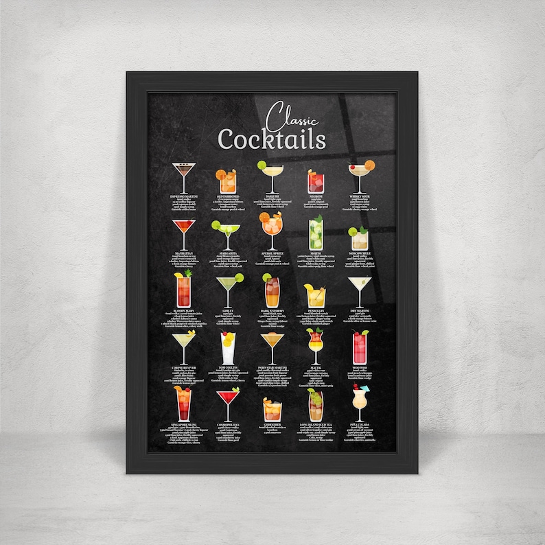 Classic Cocktail Metal Home Bar Sign Print on Black Chalkboard. 25 Popular Cocktails on Gloss Metal Wall Art. Framed and Floating Mounts image 1