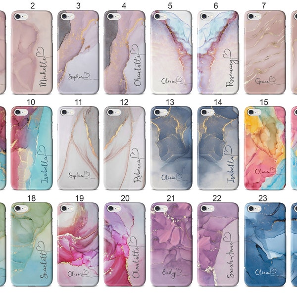 Gepersonaliseerde aquarel marmeren stromende naam met hart telefoonhoesje voor Apple iPhone-modellen