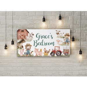 Personalised Room Sign with Childs Name - Farm Yard Animal Theme. Gloss Metal Wall Art. Baby, Toddler, Infant Bedroom.