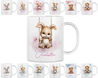 Personalised Children's Mug - Unbreakable Lightweight Polymer - Animals on Swing. Pink & Blue Theme