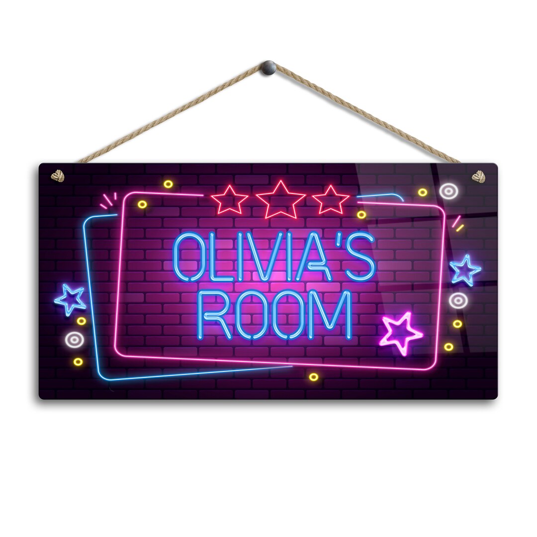Personalised Neon Print Room Sign - Pink Brick Neon Theme. Gloss Metal ...