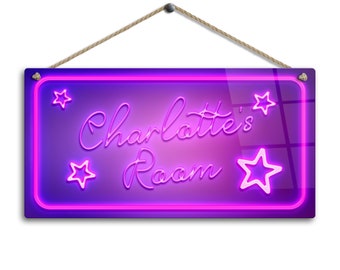 Personalised Neon Print Room Sign - Purple Pink Star Neon Theme. Gloss Metal Wall Art