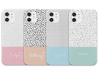 Coque de téléphone personnalisée à motif et pastel compatible avec les modèles d’iPhone Apple. 5 couleurs et 5 polices au choix.