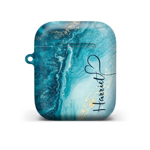Personalised Marble Glitter Flowing Name with Heart Case for Apple AirPods 5. Turquoise Mbl V.