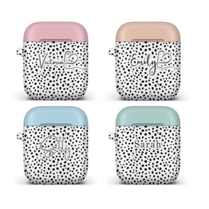 Dot Pattern with Pastel Lid. Personalised Case Compatible with Apple Airpod 1 & 2. 5 Colours and 5 Fonts to choose from.