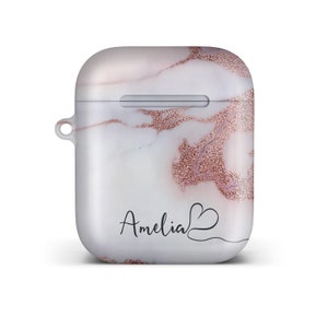 Personalised Marble Glitter Flowing Name with Heart Case for Apple AirPods 8. White Marble