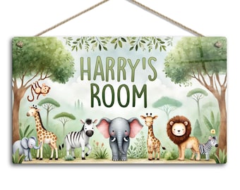 May include: A rectangular sign with the text "HARRY'S ROOM" in green letters, featuring a jungle scene with cartoon animals. The animals include a giraffe, zebra, elephant, lion, and monkey. The sign is suspended by a natural fibre rope.