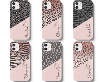 Personalised Animal Print Name with Heart Phone Case Compatible with Apple iPhone Models - 6 Designs to Choose from