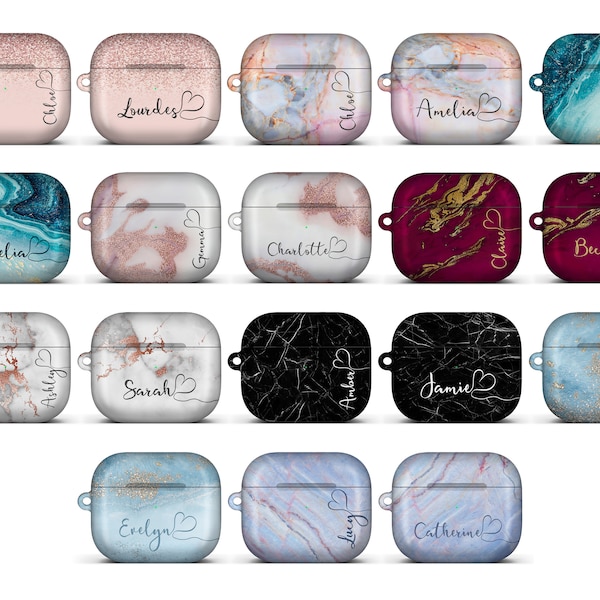 Personalised Marble Glitter Flowing Name with Heart Case Compatible with Airpod 3 (Gen 3)