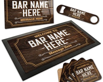Personalised Bar Items For Home Pub or Bar - Custom Made Gift Accessory Set - Bottle Openers, Bar Runners, Coasters, Beer Mats and Pub Sign