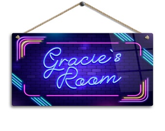 Personalised Neon Print Room Sign - Purple Disco Neon Theme. Gloss Metal Wall Art