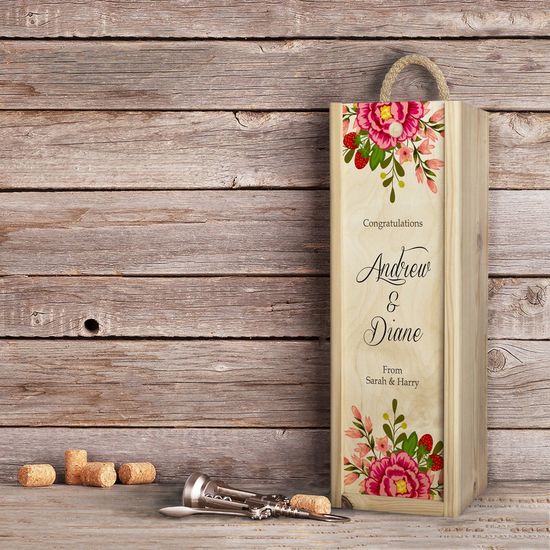 Personalised Wooden Wine Box with Woolwool filling and Rope carry handle Floral Wedding, Engagement, Anniversary or Birthday Gift image 3