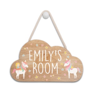 Personalised Wooden Cloud Room Sign with Childs Name - Unicorn Princess Theme. Baby, Toddler, Infant Bedroom.