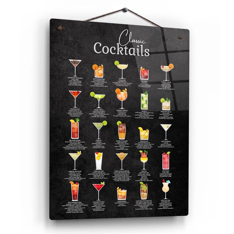 Classic Cocktail Metal Home Bar Sign Print on Black Chalkboard. 25 Popular Cocktails on Gloss Metal Wall Art. Framed and Floating Mounts image 5