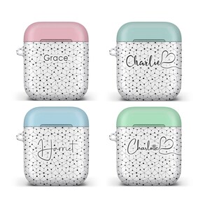 Geometric Constellation Pattern with Pastel Lid. Personalised Case Compatible with Apple Airpod 1 & 2. 5 Colours and 5 Fonts to choose from.