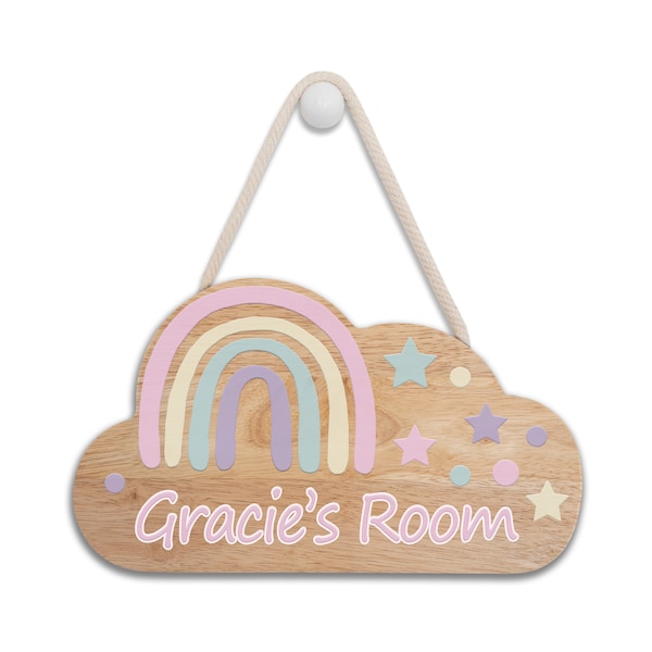 Personalised Wooden Cloud Room Sign with Childs Name - Rainbow Star Theme. Baby, Toddler, Infant Bedroom.