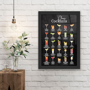 Classic Cocktail Metal Home Bar Sign Print on Black Chalkboard. 25 Popular Cocktails on Gloss Metal Wall Art. Framed and Floating Mounts image 3