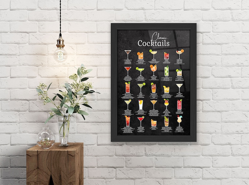 Classic Cocktail Metal Home Bar Sign Print on Black Chalkboard. 25 Popular Cocktails on Gloss Metal Wall Art. Framed and Floating Mounts image 3