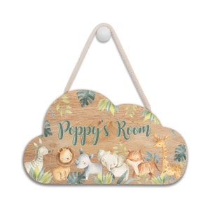 Personalised Wooden Cloud Room Sign with Childs Name - Safari Animal Theme. Baby, Toddler, Infant Bedroom.