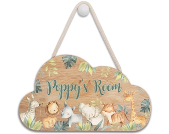 May include: A wooden cloud-shaped door sign with a rope hanger. The sign features a jungle theme with green leaves, a zebra, lion, rhino, elephant, tiger, and giraffe. The text "Poppy's Room" is written in green on the sign.