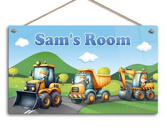 Letrero de metal personalizado para puerta de dormitorio infantil: excavadoras de construcción. Letrero brillante para paredes, puertas, salas de juegos, cajas de juguetes y cajas para bebés. Tamaño A4