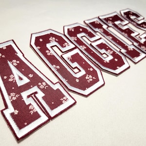 May include: Maroon and white embroidered patches spelling out the word "AGNES". Each letter is filled with a floral pattern and outlined in white. The patches are likely for clothing or accessories.