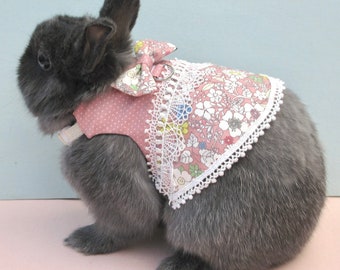 Pink Little Flora, Pet Bunny Dress/Harness, Rabbit Clothing, Dwarf Holland Lop, Chinchilla Small Cat, Bow Tie, Pink Laces