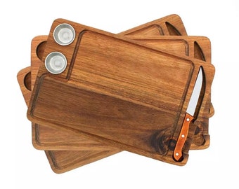 Steak Plate, Wood  Steak Cutting, Serving Board, Food Safe, Premium Acacia Wood - With Knife and 2 Condiment Cups, Individual Serving Boards