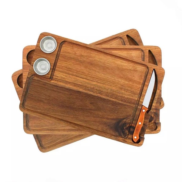 Steak Plate, Wood  Steak Cutting, Serving Board, Food Safe, Premium Acacia Wood - With Knife and 2 Condiment Cups, Individual Serving Boards