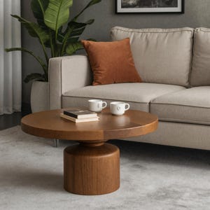 Modern Round Wooden Coffee Table with Minimalist Pedestal Base Handmade Design for Living Room or Contemporary Lounge Decoration