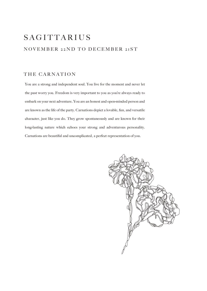 Sagittarius Carnation Zodiac Print Printable Art Star Sign Etsy