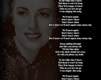 Dame Vera Lynn Print, Poster, Wall Art - Vera Lynn Memorabilia - 'We'll meet again', Lyrics - #6 (A4 29.7 x 21cm) or (A3 42 x 29.7cm)