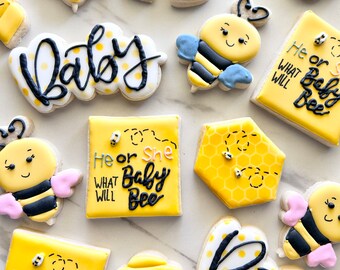 He or she what will baby bee cookies/ bee themed/ gender reveal cookies